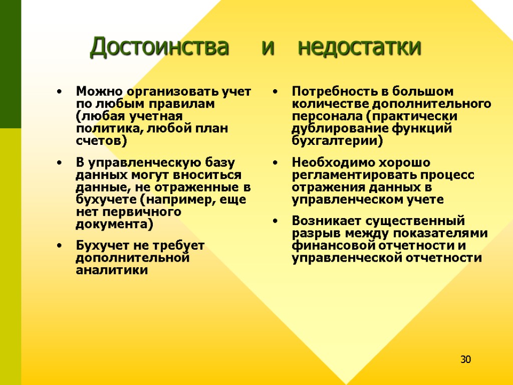 30 Достоинства и недостатки Можно организовать учет по любым правилам (любая учетная политика, любой